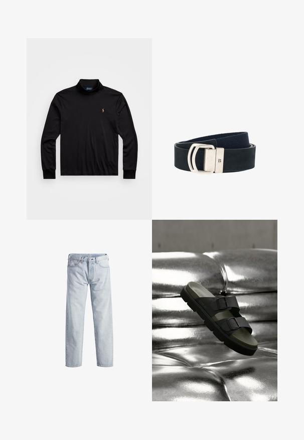 Musta pitkähihainen polo-paidat, jossa on korkea kaulus, valmistettu liukkaasta kankaasta ja jossa on pieni brodeerattu logo vasemmassa rinnassa.; Vaaleansiniset farkut, joissa on suora lahkeidesign, nappikiinnitys, viisi taskua ja hillitty haalistumistekstuuri. Varustettu metallisilla yksityiskohdilla.; Musta kahden hihnan sandaali, jossa metallisoljet, kumipohja ja oliivinvihreä pohjallinen, sijoitettuna kiiltävän metallisen pinnan yläpuolelle.; Käärity musta kangasvyö, jossa mustasta nahasta valmistettu pää ja mattamusta kaksinkertainen D-kiekko, johon on kaiverrettu kirjain "B".