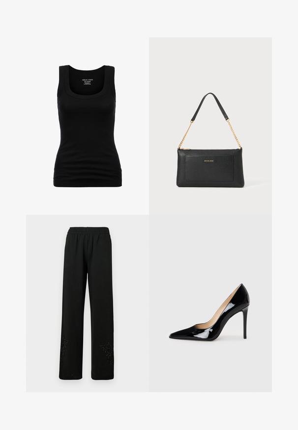 Débardeur noir à col rond et bretelles larges, en coton extensible, présentant une silhouette ajustée et une texture lisse.; Pantalons larges noirs en tissu doux, dotés d'une taille élastique et d'un design orné de clous décoratifs à l'ourlet.; Escarpin noir en cuir verni avec un design à bout pointu et une silhouette élégante. Présente une finition lisse et brillante ainsi qu'un talon aiguille fin.; Pochette en cuir noir avec une texture en relief, bandoulière en chaîne dorée et une poche avant. Elle arbore un logo doré sur le devant.