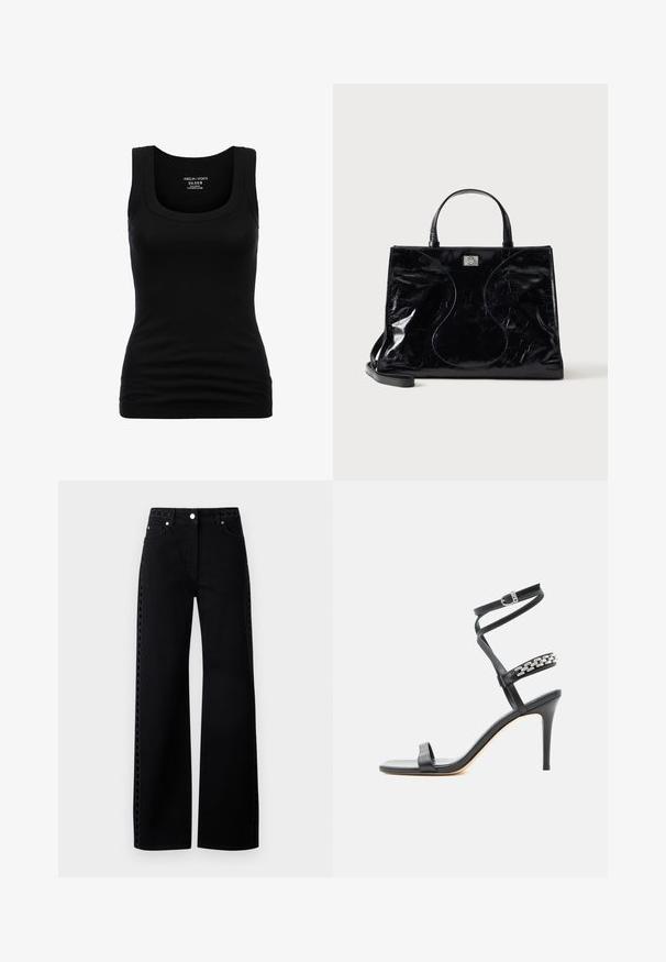 Débardeur noir à col rond et bretelles larges, en coton extensible, présentant une silhouette ajustée et une texture lisse.; Jean en denim noir à jambes larges avec un accent texturé sur le côté et une fermeture à bouton, doté d'un design classique à cinq poches et d'une finition lisse.; Sandale noire à talon haut avec fine bride à la cheville, bride médiane décorée de maillons de chaîne argentés, et design à bout ouvert.; Sac à main en cuir noir brillant avec poignées courtes, bandoulière amovible et détails de couture discrètement courbés à l’avant.