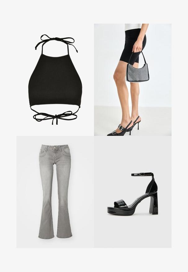 Soutien-gorge de bikini noir de style halter fabriqué en tissu côtelé ; il dispose de liens réglables au cou et d'un dos découpé avec un détail noué.; Jeans gris évasés avec une taille mi-haute, poches avant et fermeture à bouton, fabriqués en denim avec une texture lisse.; Buffalo ALICE NEAT - Sandales à talons hauts - black; Sac à main à perles noires avec une silhouette courbée, une poignée de transport et une texture brillante. Porté avec des chaussures à talons hauts noires et un short noir ajusté.