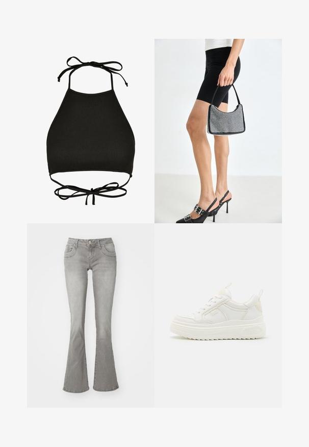 Soutien-gorge de bikini noir de style halter fabriqué en tissu côtelé ; il dispose de liens réglables au cou et d'un dos découpé avec un détail noué.; Jeans gris évasés avec une taille mi-haute, poches avant et fermeture à bouton, fabriqués en denim avec une texture lisse.; Baskets en cuir blanc avec une semelle épaisse, design à lacets et branding subtil. Présentent une texture lisse et un bout arrondi.; Sac à main à perles noires avec une silhouette courbée, une poignée de transport et une texture brillante. Porté avec des chaussures à talons hauts noires et un short noir ajusté.