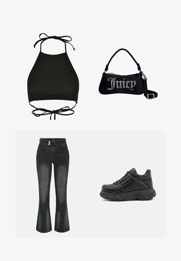 Soutien-gorge de bikini noir de style halter fabriqué en tissu côtelé ; il dispose de liens réglables au cou et d'un dos découpé avec un détail noué.; Jean en denim noir délavé à taille haute, fermeture double bouton, poches avant et jambes légèrement évasées.; Baskets plateformes épaisses noires avec semelle texturée, lacets à l'avant et détails de marque sur le côté et le talon.; Sac à épaule en velours noir avec "Juicy" écrit en strass, doté d'une poignée courte et d'une sangle amovible et réglable avec boucle en argent.
