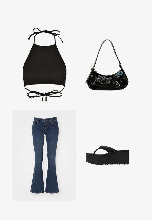 Soutien-gorge de bikini noir de style halter fabriqué en tissu côtelé ; il dispose de liens réglables au cou et d'un dos découpé avec un détail noué.; Jeans en denim bleu évasés en coton avec une taille mi-haute, un design à cinq poches et des coutures contrastantes le long des seams.; Tongs noires à semelle plate épaisse et rembourrée avec une large bride sur les orteils, vues de côté sur fond blanc.; Sac à main en cuir verni noir avec une forme incurvée, présentant des ferrures en argent, des boucles décoratives et une bandoulière courte. Étiquette bleue attachée.