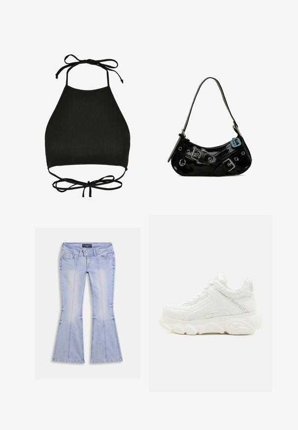 Soutien-gorge de bikini noir de style halter fabriqué en tissu côtelé ; il dispose de liens réglables au cou et d'un dos découpé avec un détail noué.; Jean évasé bleu clair avec poches avant et arrière, fermeture à double bouton et coutures visibles sur toute la surface.; Basket blanche épaisse avec semelle épaisse, design à lacets, et marquage "Buffalo" sur le côté et le talon.; Sac à main en cuir verni noir avec une forme incurvée, présentant des ferrures en argent, des boucles décoratives et une bandoulière courte. Étiquette bleue attachée.