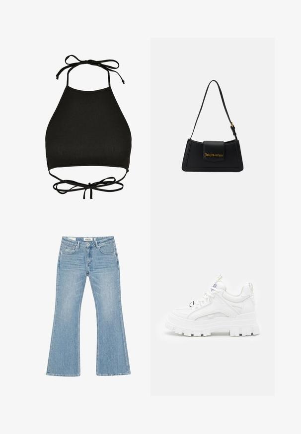Soutien-gorge de bikini noir de style halter fabriqué en tissu côtelé ; il dispose de liens réglables au cou et d'un dos découpé avec un détail noué.; Jean en denim bleu clair avec une légère patte d'éléphant, style cinq poches, et une étiquette « project blue » sur la ceinture intérieure et la poche avant.; Baskets blanches chunky avec une tige texturée, un col rembourré et une semelle épaisse à stries. Présente des lacets noirs contrastants et un détail de marque.; Sac à main en imitation cuir noir, de forme rectangulaire, avec un logo doré et une seule sangle ajustable. Il présente une fermeture à rabat et un design épuré.