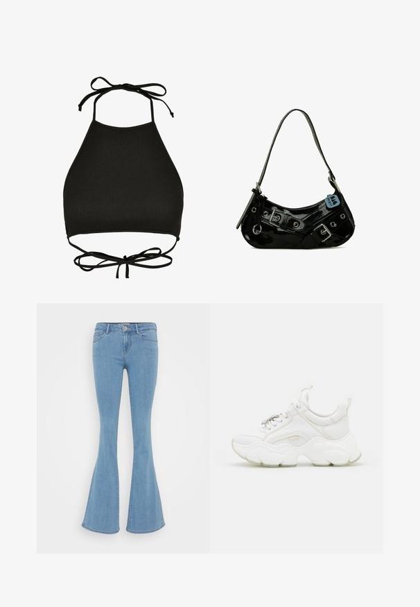 Soutien-gorge de bikini noir de style halter fabriqué en tissu côtelé ; il dispose de liens réglables au cou et d'un dos découpé avec un détail noué.; Jean évasé bleu clair en denim, avec une taille standard, cinq poches et une texture lisse sans motifs visibles.; Baskets blanches chunky en cuir et mesh, dotées d'une semelle épaisse, d'un bout arrondi et de lacets décoratifs. Accents légèrement texturés.; Sac à main en cuir verni noir avec une forme incurvée, présentant des ferrures en argent, des boucles décoratives et une bandoulière courte. Étiquette bleue attachée.