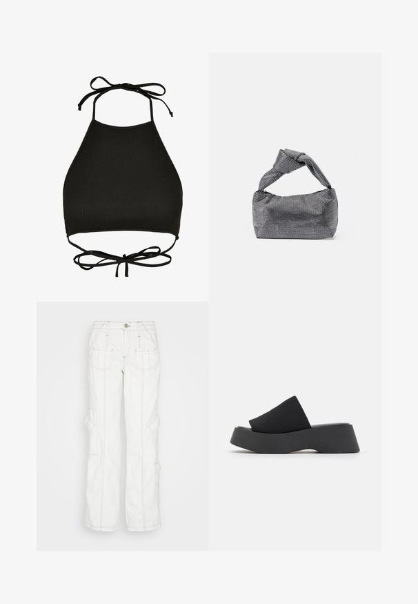 Soutien-gorge de bikini noir de style halter fabriqué en tissu côtelé ; il dispose de liens réglables au cou et d'un dos découpé avec un détail noué.; BDG Urban Outfitters Jean boyfriend - white; Call it Spring VENISE B.E.D FOAM - Mules à talons - black; Sac à main noir et argent avec une surface texturée affichant un motif en diamant, une anse nouée et une forme structurée.
