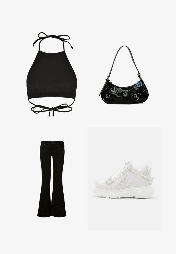 Soutien-gorge de bikini noir de style halter fabriqué en tissu côtelé ; il dispose de liens réglables au cou et d'un dos découpé avec un détail noué.; Jeans évasés noirs en tissu mélangé coton ; dotés d'une taille ajustée, de poches avant et d'un design classique à cinq poches.; Baskets blanches épaisses avec une semelle épaisse et des accents décoratifs de papillons en 3D sur le côté, les lacets et le talon.; Sac à main en cuir verni noir avec une forme incurvée, présentant des ferrures en argent, des boucles décoratives et une bandoulière courte. Étiquette bleue attachée.