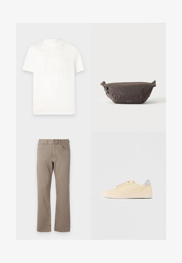 Weißes T-Shirt mit kurzen Ärmeln aus glattem Baumwollstoff, mit einem strukturierten quadratischen Logo auf der Vorderseite. Rundhalsausschnitt und lässige Passform.; Beige gerade geschnittene Jeans aus Baumwollstoff, mit fünf Taschen, einem Knopf- und Reißverschluss sowie sichtbaren Nähten entlang der Säume.; Beiger Sneaker in niedrigem Design mit Schnürverschluss vorne, hellrosa Sohle und grauem Fersenlasche mit der Marke "Filling Pieces", seitlich auf neutralem Hintergrund gezeigt.; Dunkelbraune Stoff-Gürteltasche mit diagonalem Reißverschlussfach und kleinem weißen Logo vorne, vor einem einfarbigen hellen Hintergrund.