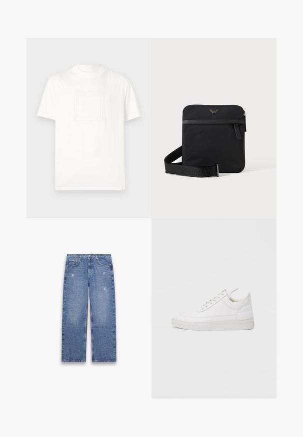 Weißes T-Shirt mit kurzen Ärmeln aus glattem Baumwollstoff, mit einem strukturierten quadratischen Logo auf der Vorderseite. Rundhalsausschnitt und lässige Passform.; Blaue Jeans mit geradem Bein und leichter Used-Optik, Fünf-Taschen-Design, Knopf- und Reißverschluss, flach auf weißem Hintergrund dargestellt.; Weißer Ledersneaker mit abgerundetem Zehenbereich, flacher Sohle und Schnürverschluss. Verfügt über Nahtdetails und einen gepolsterten Kragen für zusätzlichen Komfort.; Schwarze quadratische Schultertasche mit Reißverschluss, Vordertasche und verstellbarem Riemen mit eingeprägtem Markennamen.