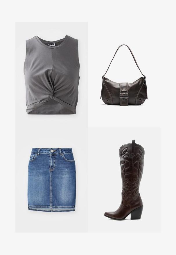 Γκρι αμάνικο crop top φτιαγμένο από απαλό βαμβάκι, με λεπτομέρεια στριφτού μπροστινού μέρους και εφαρμοστή σχεδίαση. Λείο υλικό με στρογγυλή λαιμόκοψη.; Σαλοπέτα από τζιν σε σκούρο μπλε χρώμα, με ίσια γραμμή, πέντε τσέπες, βρόχους για ζώνη και κλείσιμο με κουμπί. Στενεμένη φάσα με αντίθετη ραφή.; Ψηλό σκούρο καφέ δερμάτινο καουμπόικο μπότες με κεντημένα διακοσμητικά σχέδια, μυτερό μύτη και συσσωρευμένο τετράγωνο τακούνι.; Καφέ δερμάτινη τσάντα ώμου με καμπύλη μορφή, που διαθέτει έντονη διάκοσμηση από κούμπωμα, αντίθετη ραφή και μία μόνο λουρί ώμου.