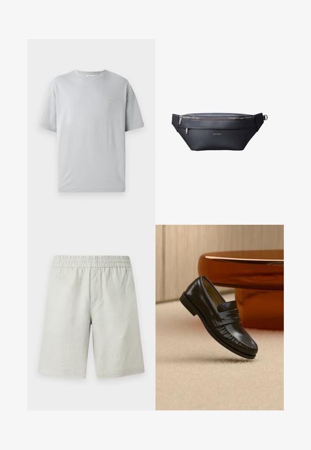 T-shirt en coton gris avec une coupe décontractée, des manches courtes et un petit texte jaune sur le devant. Texture douce et col rond classique.; Shorts gris clair en tissu texturé, avec une taille élastique et des poches latérales sur les coutures ; coupe droite.; Mocassin en cuir noir brillant avec un détail de bride, posé sur un tapis beige près d'une table basse ronde en bois brun dans une pièce doucement éclairée.; Sac banane Calvin Klein en cuir noir avec deux compartiments zippés et une sangle réglable avec boucle métallique.