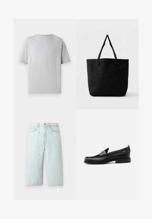 T-shirt en coton gris avec une coupe décontractée, des manches courtes et un petit texte jaune sur le devant. Texture douce et col rond classique.; Shorts en denim bleu clair avec une coupe à jambe droite, taille mi-haute, poches avant et une poche arrière unique, finition avec des coutures discrètes.; Mocassin en cuir noir avec détail de bride grise, talon bas et semelle texturée, marqué "HUGO" en or sur le côté.; Sac fourre-tout en toile noire avec deux bandoulières et un motif circulaire discret en relief sur le devant.