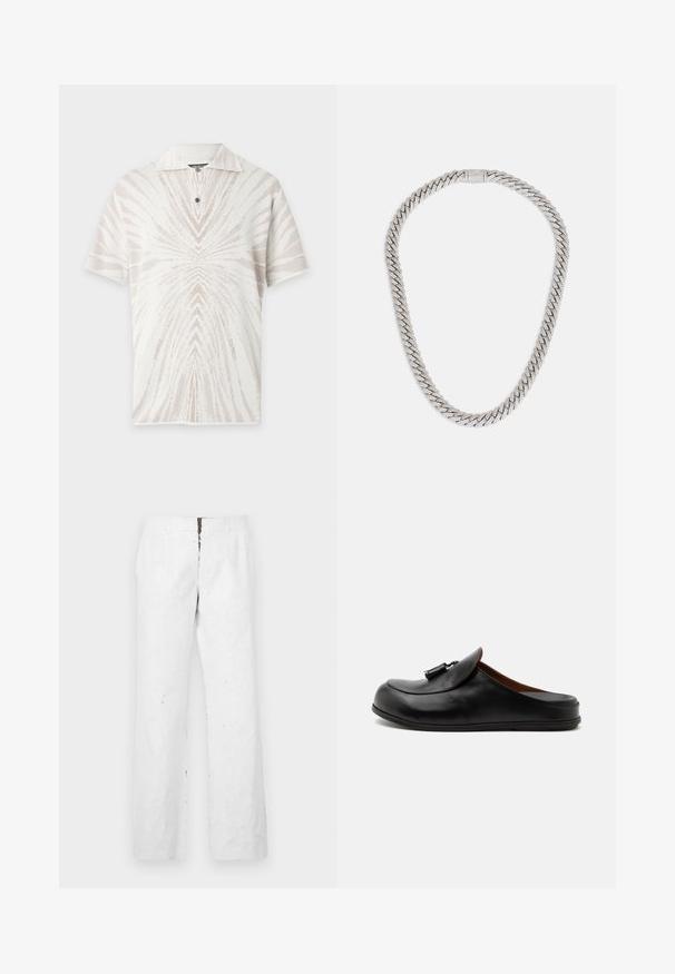 Polo blanc à manches courtes avec motif abstrait de rayures rayonnantes beige clair et un seul bouton noir sous le col.; Pantalons blancs à jambes larges avec une surface texturée. Dotés d'une taille mi-haute et d'une fermeture éclair avant avec un verrouillage en métal.; Mocassin noir en cuir sans contrefort avec des glands sur le dessus, affiché de côté sur un fond clair uni.; DARKAI MINI PRONG PAVÉ UNISEX - Collier - white