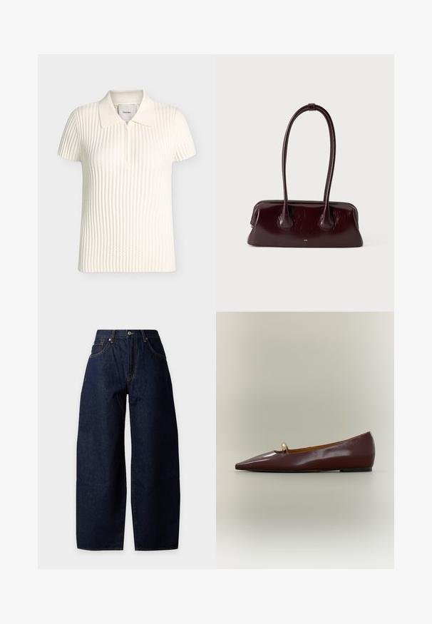 Polo blanc à manches courtes en maille côtelée avec une fermeture éclair à l'avant et un col doux, présenté sur un fond neutre.; Jean en denim bleu foncé à jambes larges avec poches avant, passants de ceinture, bouton et coutures orange visibles sur un fond uni.; Chaussure plate marron à bout pointu avec une petite perle décorative dorée sur le dessus, sur un fond uni neutre.; Sac à main en cuir brun foncé brillant avec de longues anses fines et une base rectangulaire structurée sur un fond clair uni.