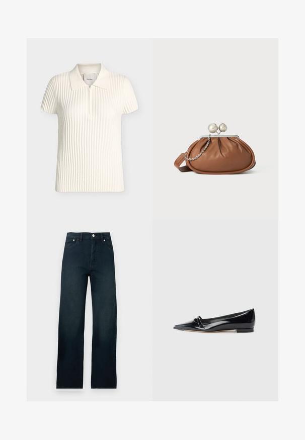 Polo blanc à manches courtes en maille côtelée avec une fermeture éclair à l'avant et un col doux, présenté sur un fond neutre.; Jean denim bleu foncé taille haute, jambe droite, avec bouton devant et poches, présenté sur fond blanc uni.; Chaussure plate en cuir verni noir avec un bout pointu, une petite lanière décorative et un petit talon carré. Texture lisse et design épuré.; Pochette en cuir marron avec un fermoir à boule en argent et un petit détail en chaîne argentée sur fond blanc.