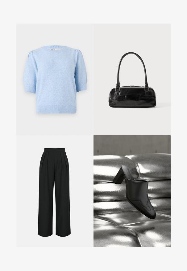 Pull en tricot bleu clair avec un col rond, des manches courtes bouffantes et un ourlet côtelé. Texture douce avec un motif légèrement chiné.; Pantalon noir taille haute à jambes larges avec plis sur le devant et poches latérales, conçu pour une coupe ample et confortable.; Mule en cuir noir avec talon bloc reposant sur une surface argentée brillante capitonnée, mettant en valeur son design élégant et ses détails incurvés.; Sac à main en cuir noir de forme rectangulaire, doté d'une seule ansse structurée, de quincaillerie argentée et d'une fermeture éclair. Texture lisse.