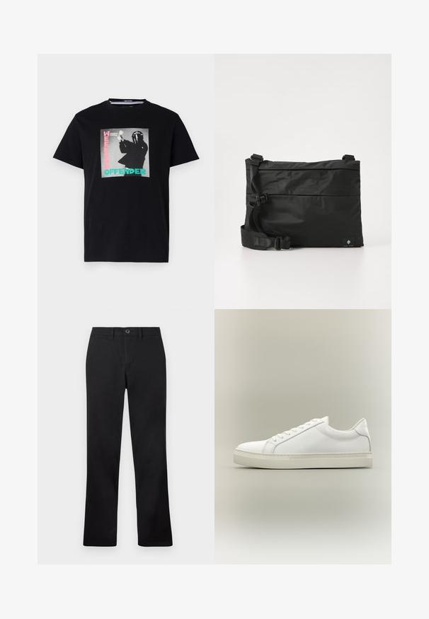 Zwarte katoenen t-shirt met een grafische print met de tekst "WEEKEND OFFENDER" en "London Calling", benadrukt in turquoise en roze.; Zwarte broek opgesteld tegen een witte achtergrond, met een recht model en een knoopsluiting in de taille.; Witte lage sneaker met veters aan de voorkant en dikke zool, zijaanzicht tegen een neutrale achtergrond.; Zwarte nylon boodschappentas met verstelbare riem, plat ontwerp en een zijlabel met een logo. Soepele textuur en minimalistische stijl.