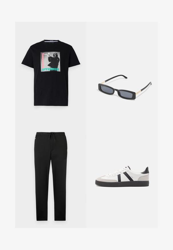 Zwarte katoenen t-shirt met een grafische print met de tekst "WEEKEND OFFENDER" en "London Calling", benadrukt in turquoise en roze.; Jack & Jones Joggers Tapered Fit - Broek - black; Witte sneaker met zwarte en grijze accenten, voorzien van een grijze neus met textuur, zwarte rubberen zool en platte witte veters. Schoon ontwerp, minimalistische stijl.; Rechthoekige zwarte zonnebril met donkere lenzen. Slanke, platte armen hebben een gouden accent. Glad kunststof frame met een matte afwerking.