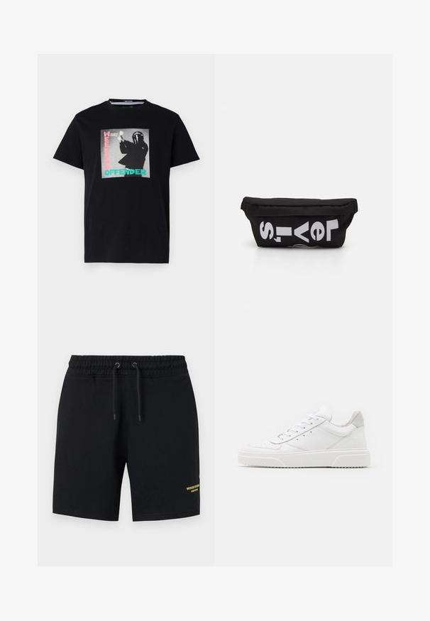 Zwarte katoenen t-shirt met een grafische print met de tekst "WEEKEND OFFENDER" en "London Calling", benadrukt in turquoise en roze.; Zwarte shorts van katoen met een elastische tailleband, trekkoorddetail en gele tekstaccent aan de onderkant van het linkerpijpje.; Witte leren sneakers met een gladde afwerking, ronde neus, platte veters en een gestructureerde zool. Grijze suède accent bij de hiel.; Zwarte stoffen tas met een platte vorm, voorzien van vet witte tekst. De ritssluiting bevindt zich aan de bovenkant, met een lus-detail aan één kant.