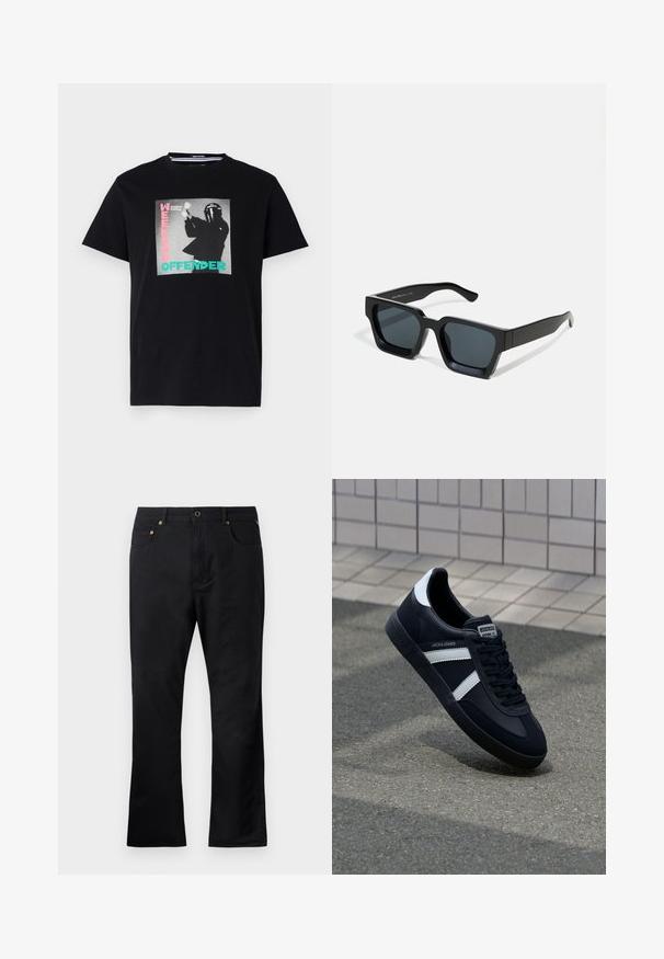 T-shirt en coton noir avec un imprimé graphique comportant le texte "WEEKEND OFFENDER" et "London Calling", mis en valeur en turquoise et rose.; Pantalons en denim noir à coupe droite, avec poches avant, fermeture à bouton et accents en métal doré. Texture lisse.; Sneaker en cuir noir avec des rayures blanches, semelle en caoutchouc texturée et devant à lacets. Présente une étiquette de marque sur la languette.; Lunettes de soleil rectangulaires noires avec des verres foncés. Monture en plastique épaisse et lisse avec une finition légèrement brillante et des branches droites.