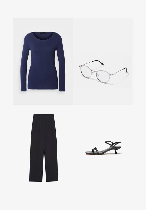 Camiseta de manga larga en color navy, hecha de material suave, con un escote redondo y un diseño ajustado. Sin patrones ni acentos visibles.; Pantalones anchos negros de tela suave, con pliegues, cinturilla plana y sin bolsillos ni adornos visibles.; Sandalia de cuero negro con un diseño elegante y minimalista. Presenta dos correas delgadas y un pequeño tacón inclinado. Textura suave y punta abierta.; Gafas de sol plateadas metálicas con lentes redondos y un marco delgado. Las puntas de las patillas en negro aportan contraste. Incluyen almohadillas nasales ajustables.