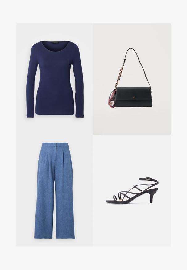 T-shirt à manches longues marine en matériau doux avec un col rond et un design ajusté. Aucuns motifs ni accents visibles.; Pantalon large taille haute bleu clair avec plis devant et fermeture de ceinture dissimulée.; Sandale noire à fines brides pour femme avec petit talon kitten et boucle à la cheville sur un fond uni clair.; Sac d'épaule rectangulaire noir avec une sangle tressée et un foulard à motif floral attaché sur fond blanc.