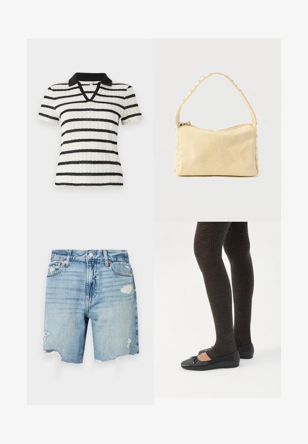 Chemise blanche à manches courtes avec des rayures horizontales noires et un col polo noir. Design en V avec texture côtelée.; Shorts en denim bleu clair à taille haute. Présentent des détails effilochés avec un ourlet effiloché et plusieurs poches. Design classique à cinq poches.; Jambes portant des leggings côtelés foncés associés à des ballerines noires avec de petits détails en nœud sur fond blanc.; Petit sac à main en cuir beige avec une seule bandoulière et des clous argentés le long des bords et de la bandoulière, posé sur un fond uni.