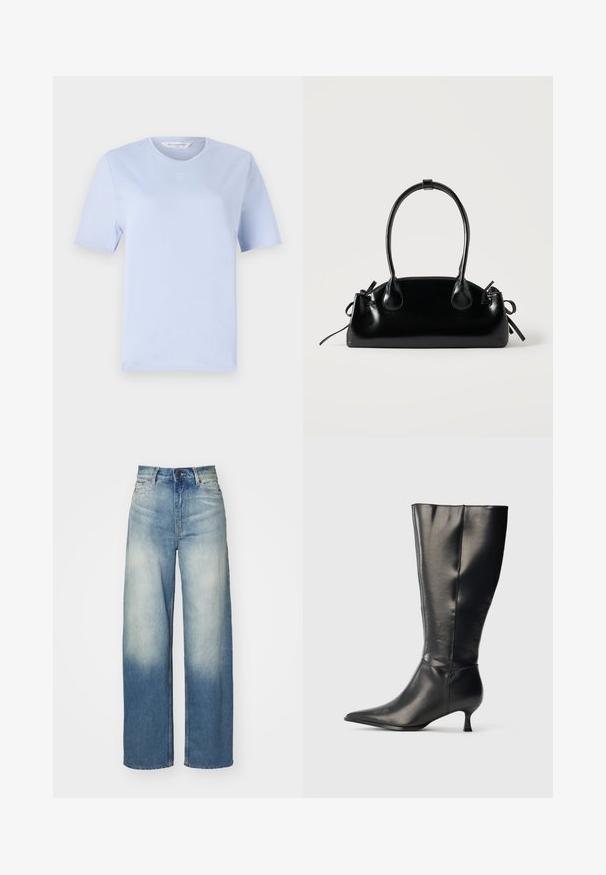 T-shirt bleu clair à manches courtes en coton doux. Il présente un col rond et un petit logo brodé sur la poitrine.; Jean larges bleu clair à taille haute, en denim, avec un dégradé délavé, cinq poches et des accents en métal.; Botte en cuir noire montant jusqu'au genou, avec un bout pointu et un petit talon bas, présentée sur un fond clair uni.; Petit sac à main noir brillant avec deux longues anses et des détails à cordon sur les côtés sur un fond clair uni.