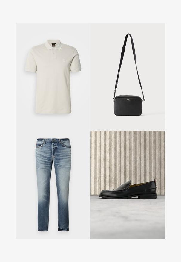 Polo beige clair en coton lisse, doté d'un col classique, de manches courtes, de deux boutons et d'un petit patch logo sur la poitrine.; Jean en denim bleu clair avec une coupe droite, léger effet délavé et usé, cinq poches et une fermeture sécurisée par bouton.; Mocassin pour homme en cuir noir avec un dessus embossé effet croco et un petit talon, présenté de profil sur un fond neutre.; Sac bandoulière rectangulaire noir avec sangle réglable et logo BOSS sur le devant, sur un fond clair uni.