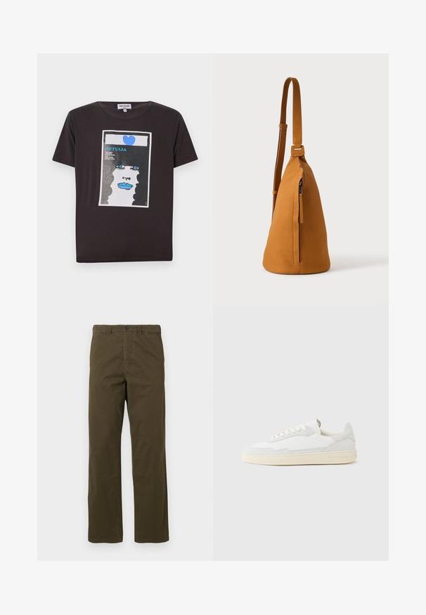 T-shirt en coton noir avec un design graphique représentant le visage d'une femme avec des lèvres bleues, de grands yeux bleus et un cœur, encadré dans un rectangle blanc.; Pantalons en coton marron pour hommes, coupe droite, avec passants de ceinture, bouton frontal et fermeture éclair sur fond clair.; Baskets blanches avec dessus en daim et cuir texturé. Caractérisées par un bout arrondi, une fermeture à lacets et une semelle en caoutchouc beige contrastante.; Sac besace en cuir couleur fauve avec sangle réglable et poche verticale zippée, présenté de profil sur un fond clair uni.