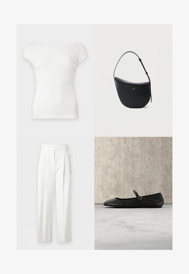Haut court à manches courtes blanc avec un motif texturé et ondulé et un large décolleté. Tissu lisse, design ajusté, esthétique simple et épurée.; Pantalon blanc taille haute avec plis et détail de nœud sur le côté, coupe droite et fermeture cachée.; Ballerine en cuir noir avec bout arrondi, dotée d'une fine lanière et d'une boucle circulaire dorée. Texture lisse et design minimaliste.; Sac à bandoulière en cuir noir en forme de demi-lune avec une bandoulière réglable et le logo doré « BOSS » centré sur le devant.