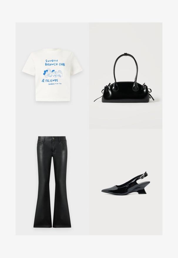 T-shirt blanc à manches courtes avec une illustration bleue de trois personnes partageant un brunch et le texte "Sunday Brunch Club & Friends Sunday 9 AM - 3 PM."; Pantalon noir évasé en matière lisse et brillante. Dispose d'un design à cinq poches, d'une fermeture à bouton sur le devant, et de coutures contrastées subtiles.; Chaussure slingback en cuir verni noir avec bout pointu et petit talon bloc incliné sur fond clair uni.; Petit sac à main noir brillant avec deux longues anses et des détails à cordon sur les côtés sur un fond clair uni.