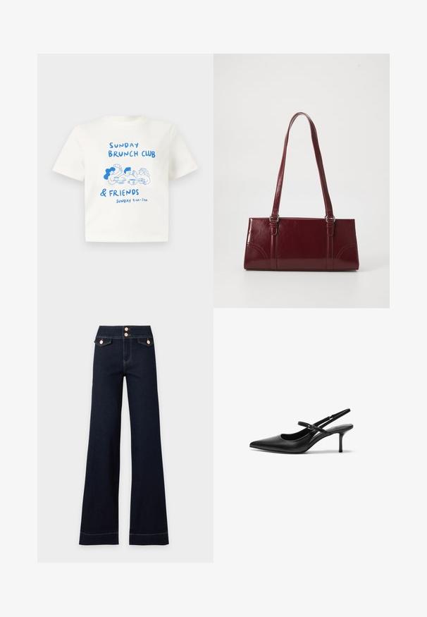 T-shirt blanc à manches courtes avec une illustration bleue de trois personnes partageant un brunch et le texte "Sunday Brunch Club & Friends Sunday 9 AM - 3 PM."; Jean large taille haute bleu foncé avec deux poches avant à rabat et deux boutons visibles en or rose à la taille.; Talons aiguilles noires en cuir avec un bout pointu, une fine bride réglable, et un talon aiguille d'environ 5 cm, texture lisse.; Sac à main bordeaux en matériau brillant, de forme rectangulaire, avec deux anses et des accents légèrement courbés à l'avant.