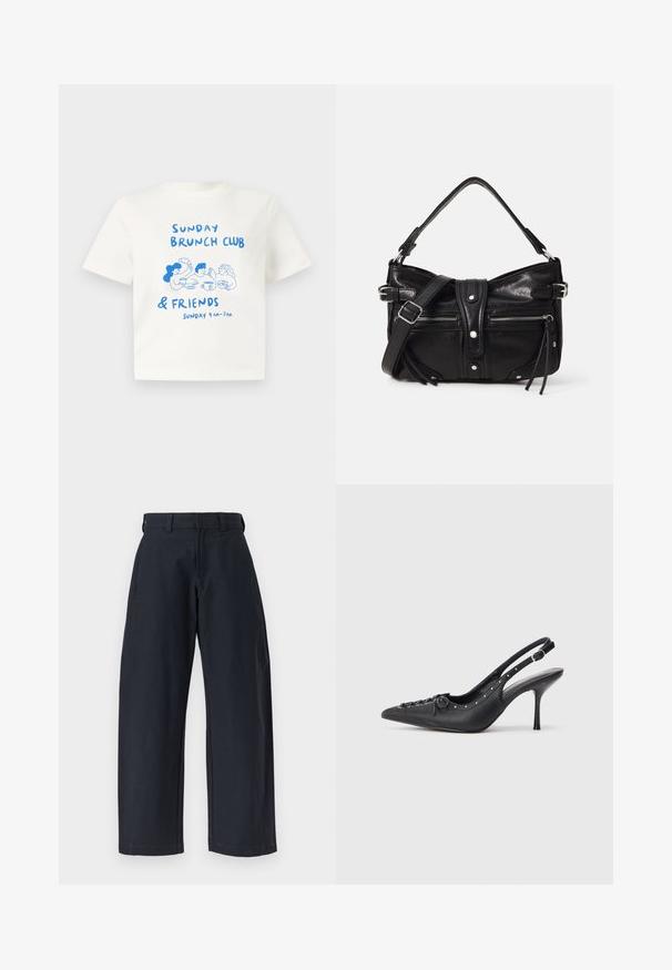 T-shirt blanc à manches courtes avec une illustration bleue de trois personnes partageant un brunch et le texte "Sunday Brunch Club & Friends Sunday 9 AM - 3 PM."; Pantalon noir à jambes larges avec passants pour ceinture et poches latérales, présenté à plat sur un fond blanc.; Escarpin en cuir noir à talon aiguille avec un bout pointu, une bride latérale à boucle, des clous le long du bord et un laçage décoratif à l'avant.; Even&Odd by Zalando H24462 - Sac à main - black