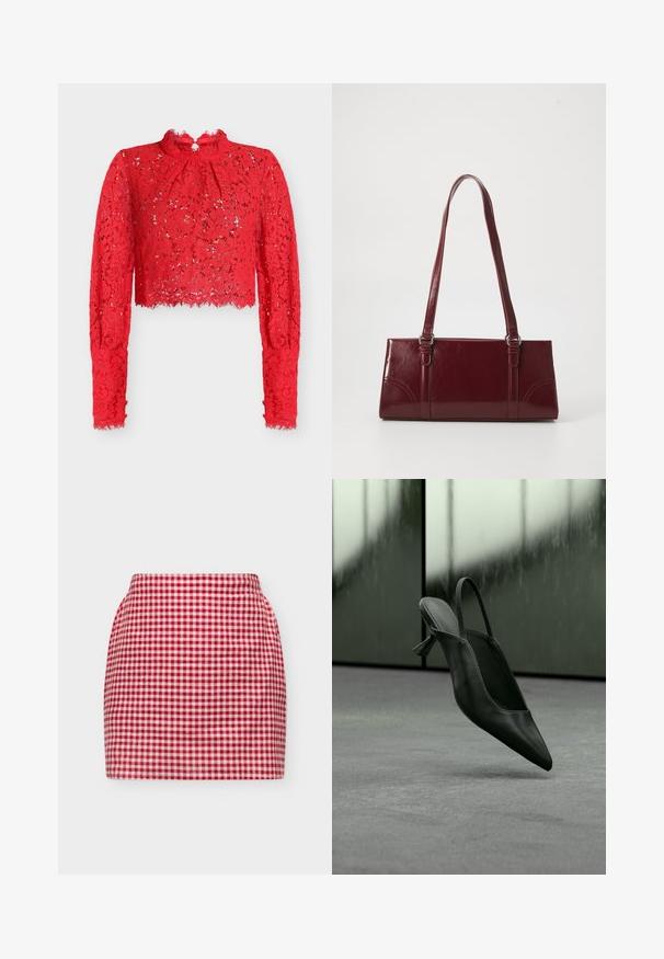 Haut court en dentelle rouge à manches longues avec un col à volants et des motifs floraux, doté d'une texture transparente et de bords festonnés.; Mini-jupe taille haute à carreaux vichy rouges et blancs avec une silhouette ajustée sur fond gris uni.; Escarpin à talon haut en cuir noir avec bride arrière et bout pointu, flottant au-dessus d'un sol recouvert de moquette grise, mur verdâtre flou en arrière-plan.; Sac à main bordeaux en matériau brillant, de forme rectangulaire, avec deux anses et des accents légèrement courbés à l'avant.