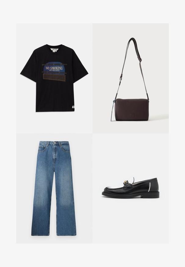 Schwarzes Baumwoll-T-Shirt mit kurzen Ärmeln, das ein grafisches Design mit dem Text "KEIN RAUCHEN" und "KEIN KÜSSEN" in blauen und weißen Akzenten zeigt.; Breite blaue Denim-Jeans mit klassischem Fünf-Taschen-Design, Knopfverschluss vorne und leichtem Verblassen für Textur.; Schwarze Lederloafers mit runder Zehenpartie, weißen Akzenten und goldenen Beschlägen auf dem Vorderblatt. Verfügt über ein strukturiertes Patch und einen gestapelten Absatz.; Dunkelbraune, strukturierte Leder-Crossbody-Tasche mit verstellbarem Riemen und kleinem dekorativen blauen Akzent an der Seite.