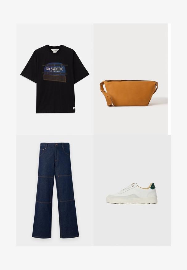 Schwarzes Baumwoll-T-Shirt mit kurzen Ärmeln, das ein grafisches Design mit dem Text "KEIN RAUCHEN" und "KEIN KÜSSEN" in blauen und weißen Akzenten zeigt.; Dunkelblaue Denim-Hosen mit weit geschnittenem Bein und kontrastierender orangefarbener Naht, die große aufgesetzte Taschen an jedem Bein und einen Knopfverschluss an der Taille aufweisen.; Weiße Sneaker mit Wildlederelementen, runder Zehenpartie, flachen Schnürsenkeln und einer cremefarbenen Gummisohle. Mit grünen Markenlogo am Fersenbereich.; Hellbraune Leder-Umhängetasche mit verstellbarem Schulterriemen und Reißverschluss, vor einem schlichten hellen Hintergrund gezeigt.