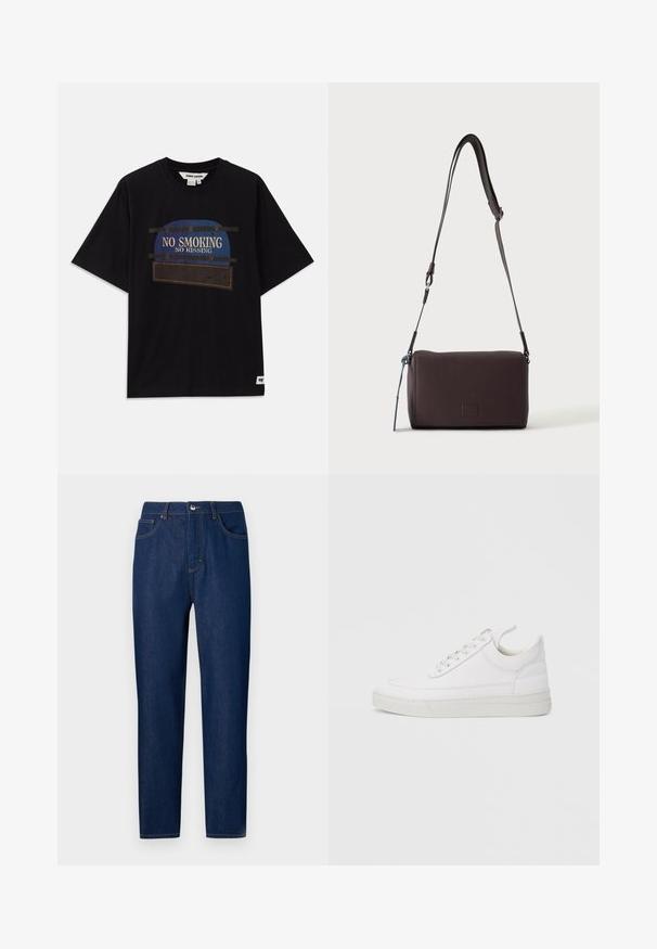 Schwarzes Baumwoll-T-Shirt mit kurzen Ärmeln, das ein grafisches Design mit dem Text "KEIN RAUCHEN" und "KEIN KÜSSEN" in blauen und weißen Akzenten zeigt.; Les Benjamins Jeans Straight Leg - rinse wash; Weißer Ledersneaker mit abgerundetem Zehenbereich, flacher Sohle und Schnürverschluss. Verfügt über Nahtdetails und einen gepolsterten Kragen für zusätzlichen Komfort.; Dunkelbraune, strukturierte Leder-Crossbody-Tasche mit verstellbarem Riemen und kleinem dekorativen blauen Akzent an der Seite.