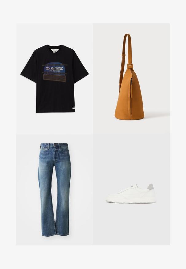 Zwarte katoenen T-shirt met korte mouwen, met een grafisch ontwerp dat de tekst "GEEN ROKEN" en "GEEN KUSSEN" in blauwe en witte accenten omvat.; Denim jeans in een licht tot gemiddeld blauwe kleur, met een recht gesneden pijp, klassiek vijf-pocket ontwerp en subtiele vervaging aan de voorkant.; Witte lage sneaker met grijze hielpatch, witte veters en een gestructureerde zool, gepresenteerd op een effen lichte achtergrond.; Lichtbruine leren schoudertas met verstelbare band en verticale ritszak, zijaanzicht tegen een effen lichte achtergrond.
