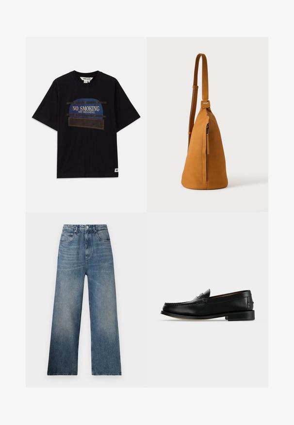 Schwarzes Baumwoll-T-Shirt mit kurzen Ärmeln, das ein grafisches Design mit dem Text "KEIN RAUCHEN" und "KEIN KÜSSEN" in blauen und weißen Akzenten zeigt.; Blaue Denim-Hosen mit weitem Bein und hohem Bund, mit subtilen Verfärbungen, fünf Taschen und einem Metallknopfverschluss vorne.; Schwarzer Leder-Herrenschuh (Loafer) mit niedrigem Absatz und Mokassin-artiger Naht am Zehenbereich, seitlich auf einfarbigem Hintergrund dargestellt.; Hellbraune Leder-Umhängetasche mit verstellbarem Trageriemen und vertikaler Reißverschlusstasche, von der Seite vor hellem, einfarbigem Hintergrund gezeigt.