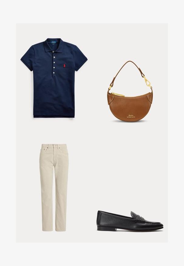 Marineblaues Kurzarm-Poloshirt mit vier weißen Knöpfen und rotem, auf der Brust besticktem Logo, Kragen nach unten gefaltet.; Beige Cordhose mit geradem Bein, Gürtelschlaufen, Vorderknopf, Reißverschluss und Fronttaschen.; Schwarzer, strukturierter Lederloafer mit niedrigem Absatz und klassischem Pennyriemen-Detail, seitlich auf hellem, einfachem Hintergrund dargestellt.; Braune Leder-Halbmondtasche mit goldenem Reißverschluss, abnehmbarem Riemen und "Polo by Ralph Lauren"-Logo in goldener Schrift vorne.