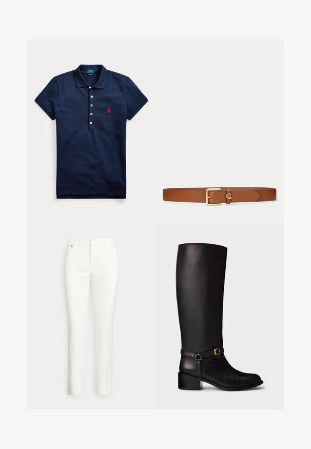 Marineblauw poloshirt met korte mouwen, vier witte knopen en een rood geborduurd logo op de borst, kraag naar beneden gevouwen.; Witte, op maat gemaakte broek met een slanke pasvorm, met een gladde textuur, riemlussen en een klein gouden metalen detail. Geen zichtbare zakken.; Zwarte leren kuitlange laarzen met een lage blokhak en een decoratieve band met een kleine gouden gesp op de enkel.; Bruine leren riem met gouden gesp en gouden "RL" initiëel detail op de lus, afgebeeld tegen een effen lichte achtergrond.