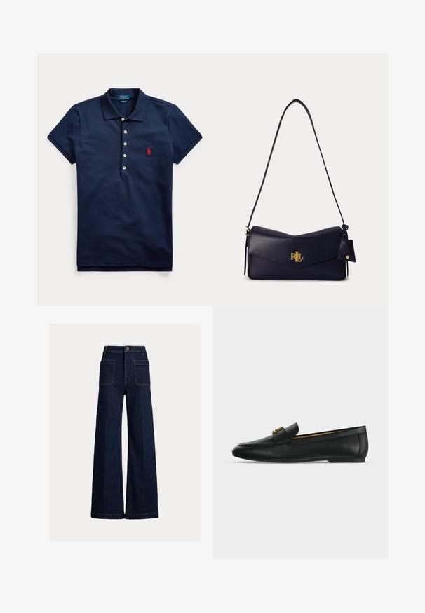 Marineblauw poloshirt met korte mouwen, vier witte knopen en een rood geborduurd logo op de borst, kraag naar beneden gevouwen.; Donkerblauwe wijde denim broek met voorzakken, riemlussen en knoopsluiting op een egale lichte achtergrond.; Zwarte leren loafer met een gouden metalen gesp bovenop, platte zool en een gestikt ontwerp langs de bovenrand.; Zwarte leren schoudertas met gouden RL-logo op de voorflap en een klein bijpassend leren label dat aan de riem hangt.