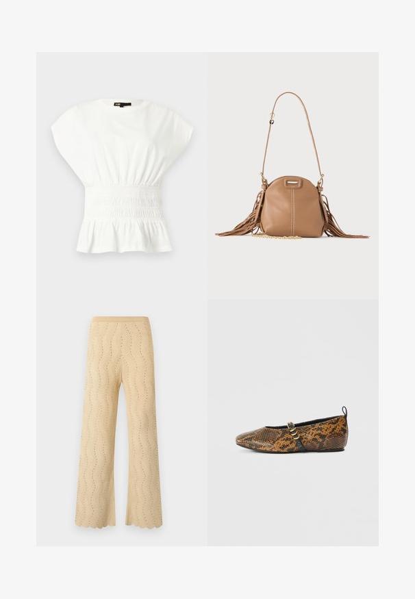 Blouse blanche à manches courtes avec taille froncée et ourlet à volants, dotée d'un col rond et d'une étiquette de marque à l'intérieur du col.; Pantalon en maille beige à jambes larges, présentant un motif chevrons avec de petits trous et un ourlet festonné.; Ballerine en simili motif peau de serpent avec des nuances de brun et de noir. Dotée d'une bride noire et d’un détail en métal doré. Texture lisse.; Petit sac à bandoulière en cuir fauve avec longue bandoulière, détail chaîne dorée et franges des deux côtés sur un fond neutre.