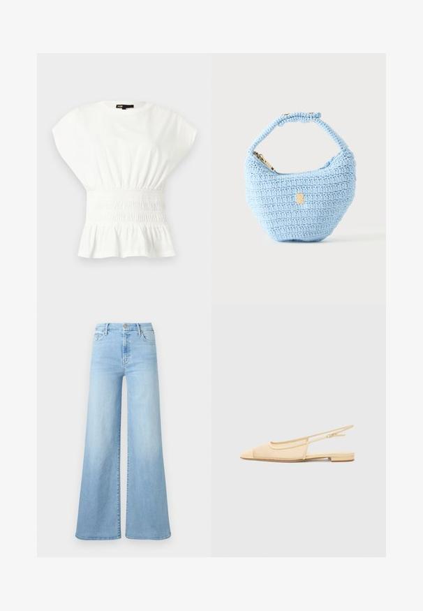 Blouse blanche à manches courtes avec taille froncée et ourlet à volants, dotée d'un col rond et d'une étiquette de marque à l'intérieur du col.; Jean large en denim bleu clair avec une taille haute, bouton frontal et design à cinq poches sur un fond uni.; Chaussure plate slingback en beige clair avec une tige en maille, un bout pointu et un petit talon. Dotée d'une sangle ajustable pour un bon maintien.; Petit sac à main bleu clair crocheté avec une petite bandoulière et une fermeture éclair dorée, présenté sur un fond clair uni.