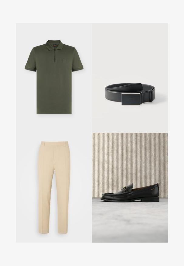Polo manches courtes vert olive avec col, fermeture éclair quart de zip et petit écusson carré avec logo sur la poitrine gauche.; Pantalons beige ajustés avec une coupe droite, fabriqués en tissu léger, dotés de deux poches avant et de plis bien repassés.; Mocassin en cuir noir avec mors en métal doré et logo "HUGO", présenté sur un tapis beige et un meuble translucide marron.; Ceinture en cuir noir enroulée avec une boucle noire mate rectangulaire et un logo embossé discret sur fond blanc.