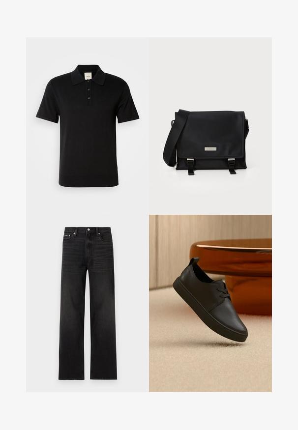 Sort kortærmet polo med tre-knaps lukning, ribkant forneden, krave og subtil tonal "CK" logo på venstre bryst.; Sorte jeans med lige ben, fem-lomme design, bæltestropper og knaplukning, vist på en hvid baggrund.; Sort lædersneaker til hverdag med snørebånd, svævende over beige tæppe med et rundt bord af ravfarvet glas i baggrunden.; Sort messenger taske lavet af glat nylon med klaplukning, justerbar rem og hardwaredetaljer i sølvfarve. Kompakt og funktionelt design.