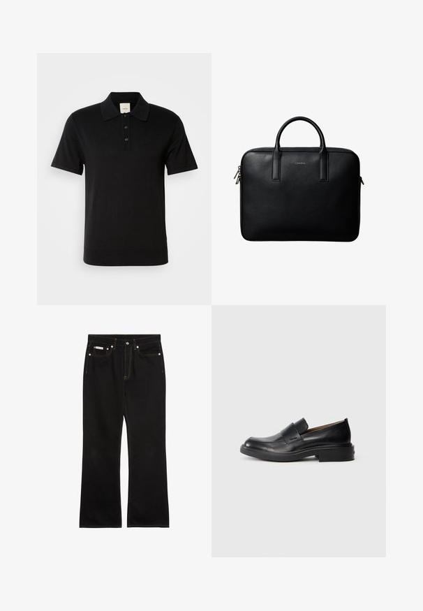 Zwarte polo met korte mouwen, drie knopen, geribde zoom, kraag en subtiel tonale "CK"-logo op de linkerborst.; Zwarte jeans met rechte pijpen, oranje stiksels, vijf zakken, knoopsluiting en een klein Calvin Klein-label op de voorste rechterzak.; Zwarte leren instap schoenen met een lage hak en subtiel Calvin Klein-logo aan de zijkant, weergegeven in profiel op een witte achtergrond.; Zwarte gestructureerde leren aktetas met dubbele handvatten en zilveren ritstrekkers, gecentreerd op een witte achtergrond.