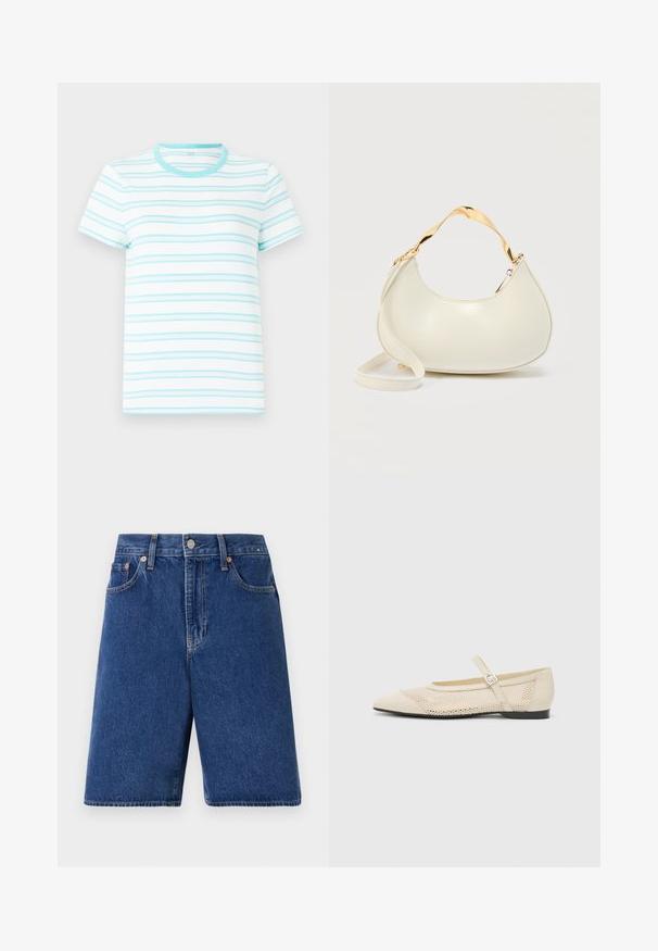 Kortærmet t-shirt lavet af let stof, med horisontale lyseblå striber på en hvid baggrund og en matchende rund halsudskæring.; Mørkeblå denimshorts med en klassisk pasform, fem-lomme design og orange syninger. Afsluttet med en frontknap og lynlås.; Beige balletflader med spids tå, mesh design overlay og en side spænde. Flad sål med en glat tekstur.; Kremfarvet håndtaske i halvmåneform med skinnende guld kort hank og matchende lang rem på en ensfarvet lys baggrund.